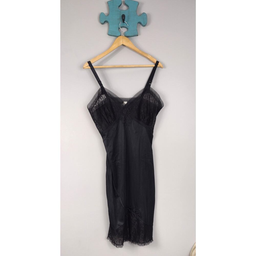 Vintage Movie Star Black Nylon Tricot Full Slip Lace Trim Mid Century Size 36